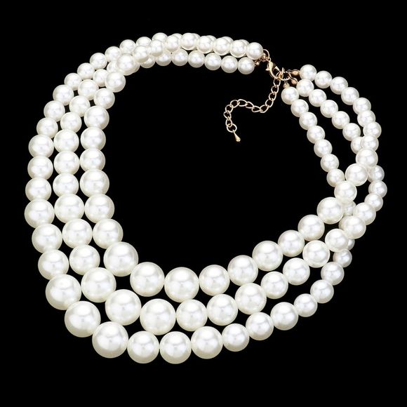 Cream Pearls MultiStrand Layered Bib Necklace Set Triple Row - Picture 2 of 2